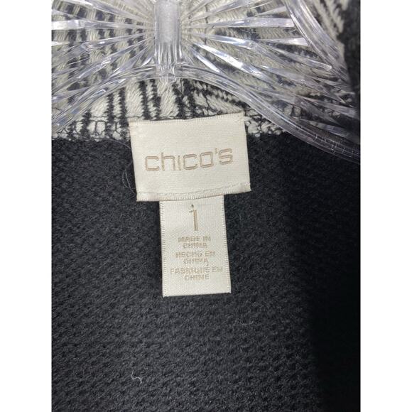 Chicos Cardigan Jacket Sz 1 US M 8/10 Black White Check Belted Wool Blend Knit - Picture 3 of 10